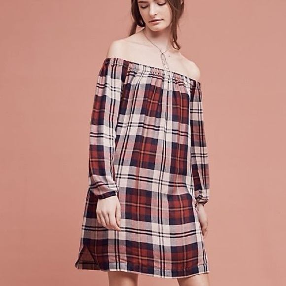 ANTHROPOLOGIE Cloth & Stone Plaid Off-The-Shoulder Tunic Dress - Picture 2 of 12